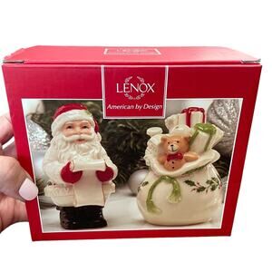 Lenox Holiday Christmas Salt & Pepper Shakers Santa & Toy Bag Checking It Twice